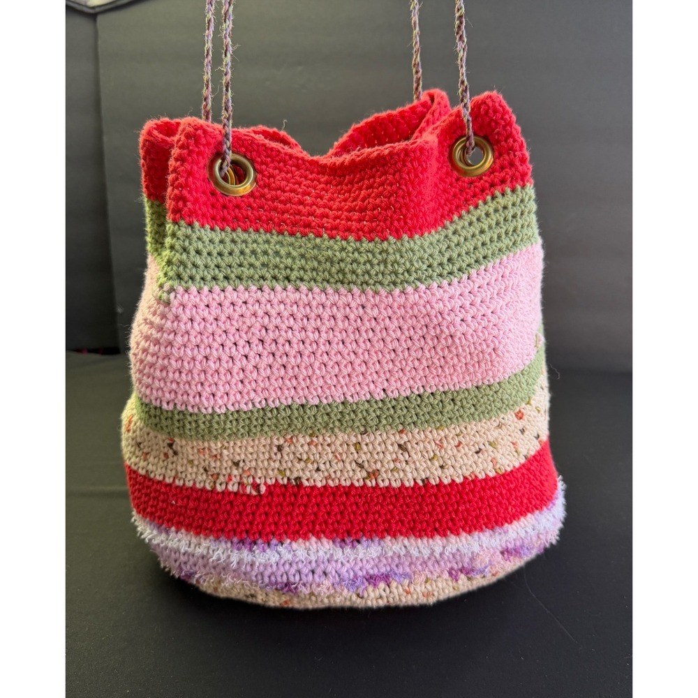 Handcrafted Crochet Bucket Bag Pink Green Striped Boho Drawstring Purse Whimsy - Picture 12 of 12